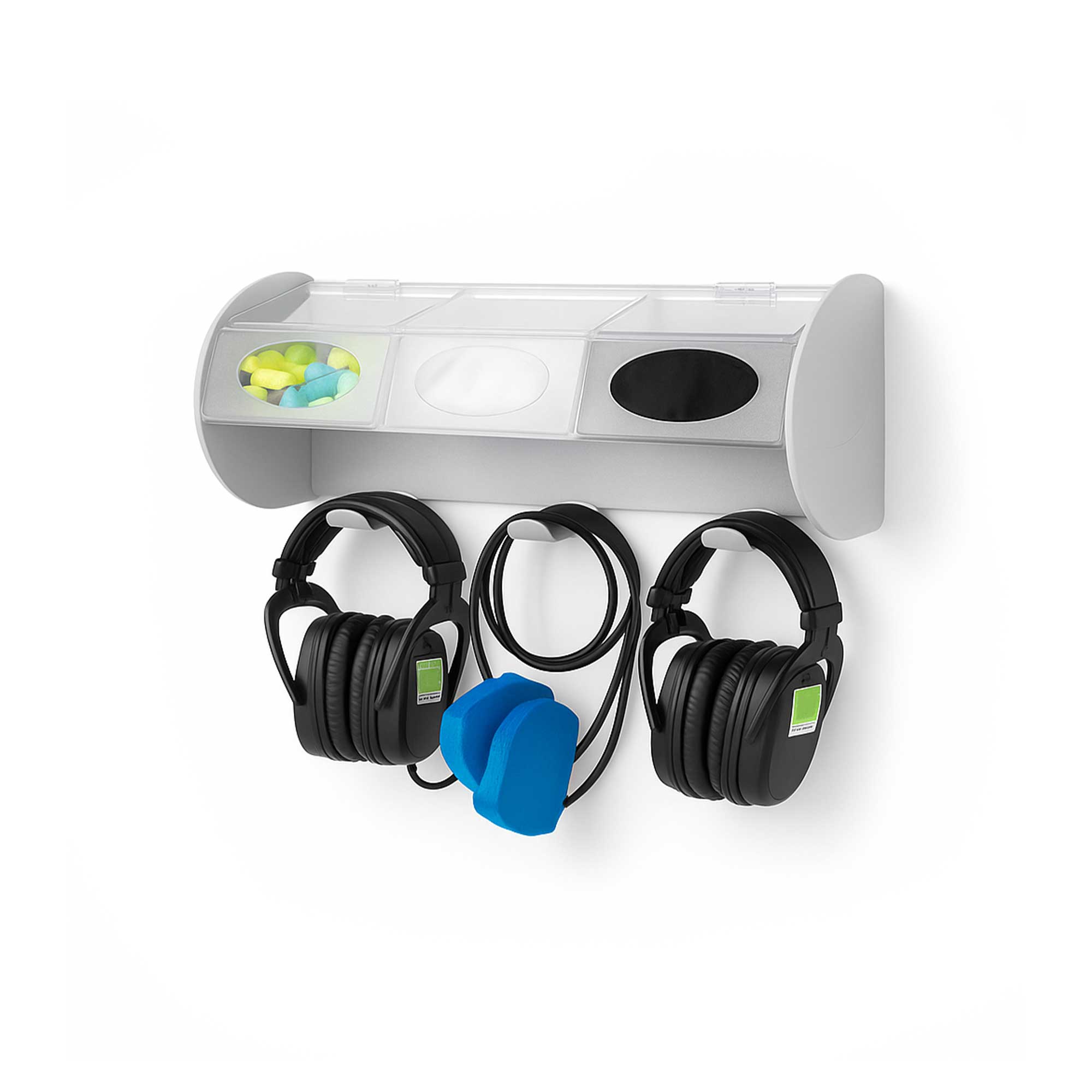 Durable headset storage organizer with spacious compartments and long hooks to securely protect and organize headsets and cables, made from lightweight, nearly unbreakable polycarbonate.