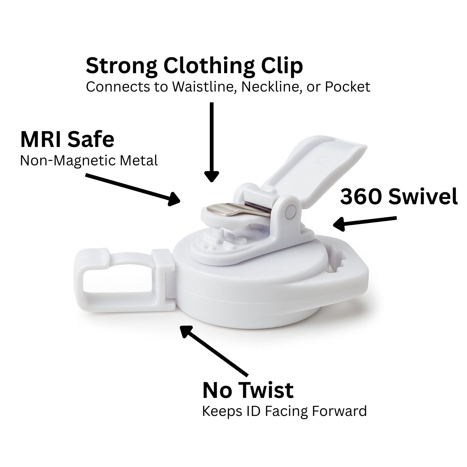 White MRI badge reel clip with features labeled on a white background