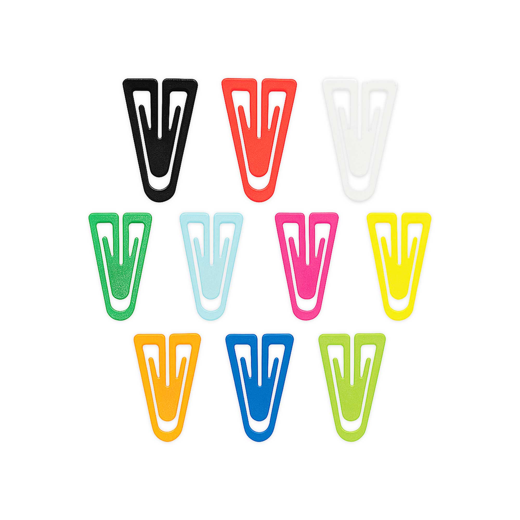 MRI-safe plastic paper clips in assorted sizes and colors, perfect for organizing documents in metal-free environments like MRI and medical facilities.