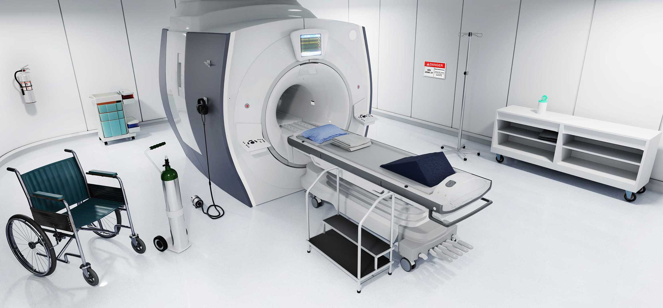 MRI Room with MRI Safe products like wheelchair, IV pole, table pads and blankets, furniture, step stairs, oxygen tanks, signs, audio system, headphones, and cleaning supplies.