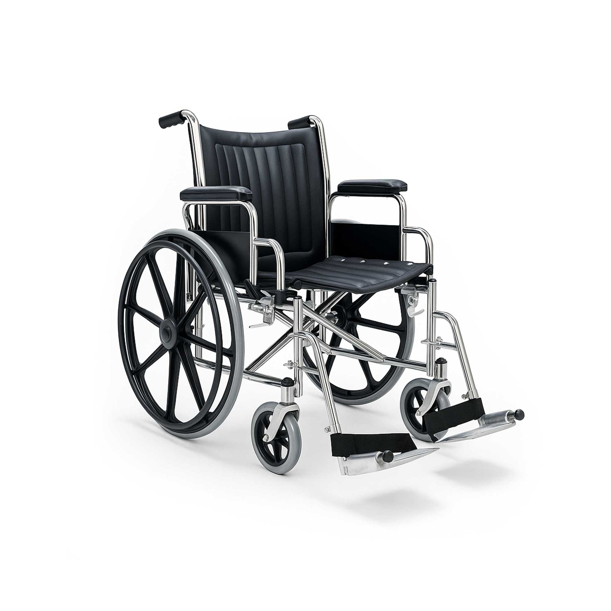 MR Conditional 18-inch wheelchair with fixed footrests, designed for MRI safety up to 3 Tesla, featuring padded desk-length arms, durable non-magnetic materials, and smooth mobility for hospital and imaging center use.