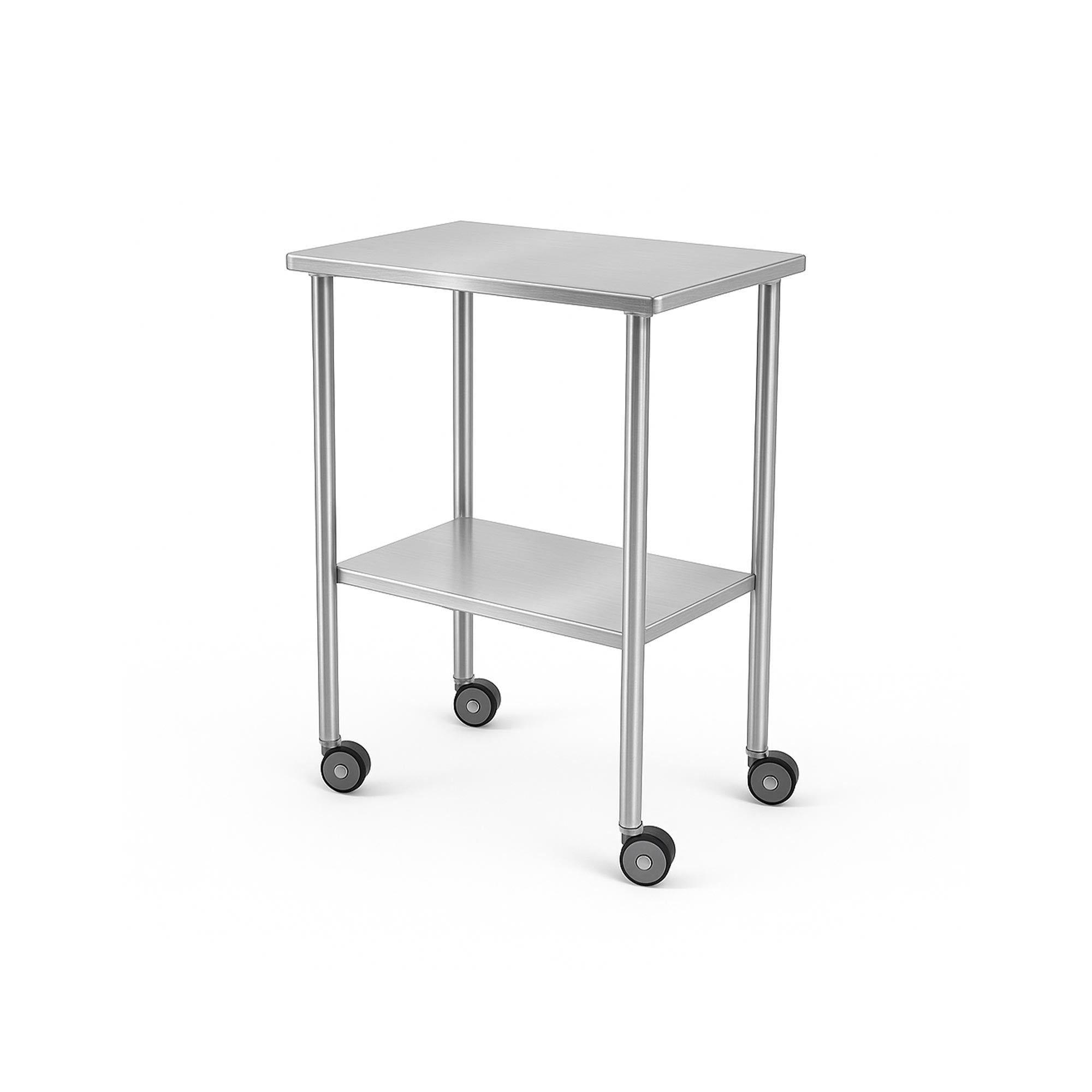 MR-Conditional Two Shelf Instrument Table with stainless steel construction, ergonomic height, and compact design for MRI facilities.