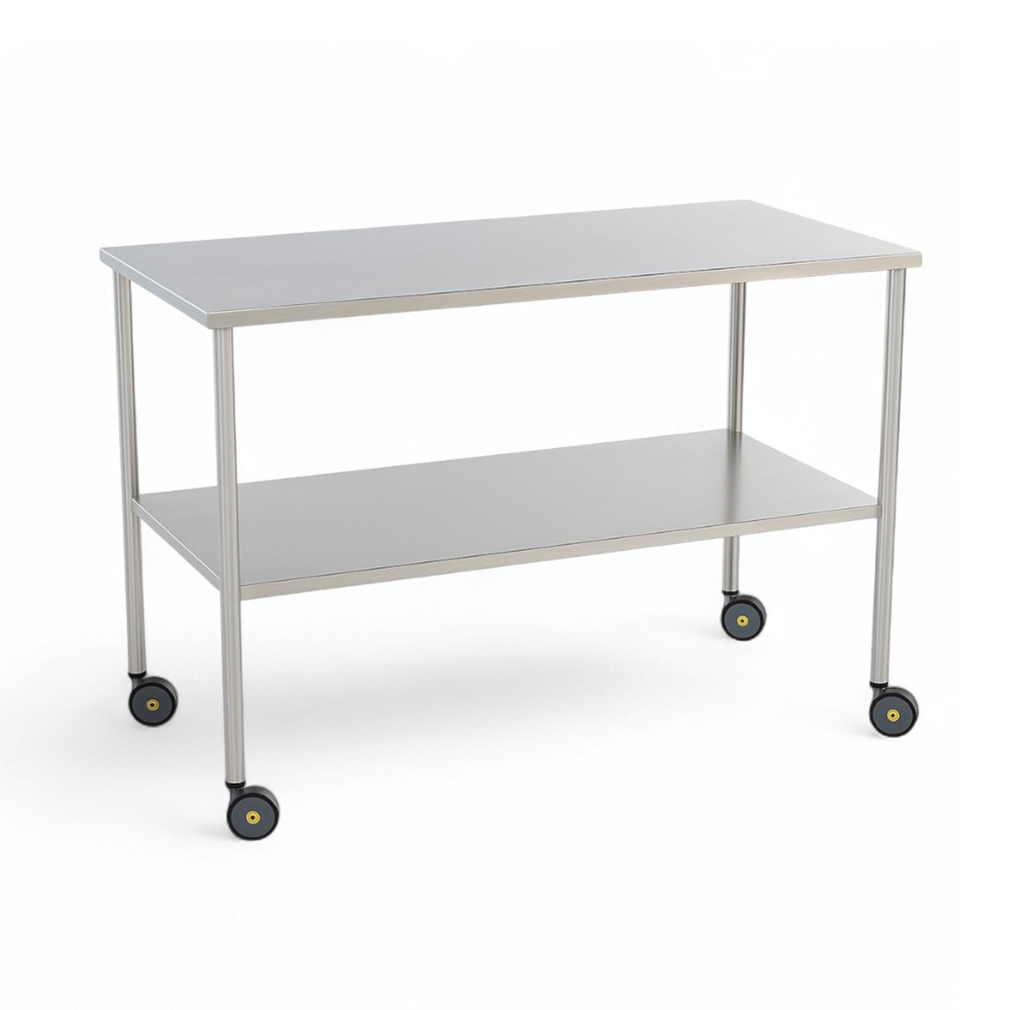 MR-Conditional Two Shelf Instrument Table with 304 stainless steel construction, ergonomic 34” height, closed top for hygiene, and MR-conditional casters, designed for MRI facilities. Available in 9 sizes with optional guardrails and drawers.