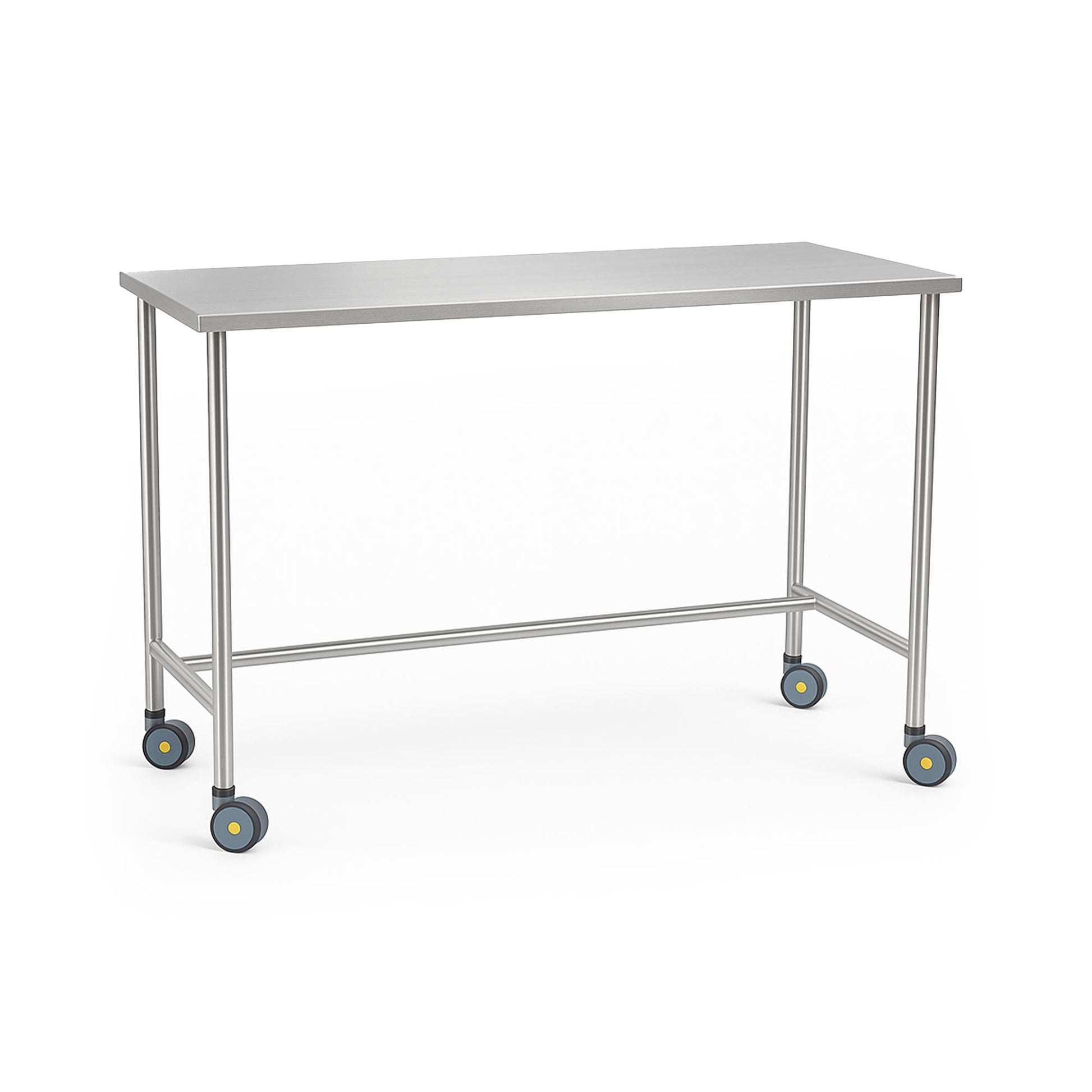 MR Conditional Stainless Steel Instrument Table with a sanitary closed-top design, reinforced channels, and ergonomic height; includes optional features like shelves, guardrails, and drawers for customization, equipped with MR conditional casters for safe mobility in MRI settings.