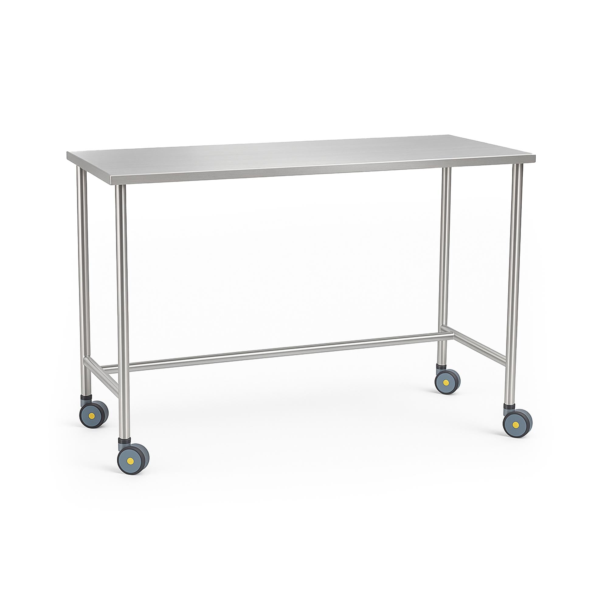 MR Conditional Stainless Steel Instrument Table with a sanitary closed-top design, reinforced channels, and ergonomic height; includes optional features like shelves, guardrails, and drawers for customization, equipped with MR conditional casters for safe mobility in MRI settings.
