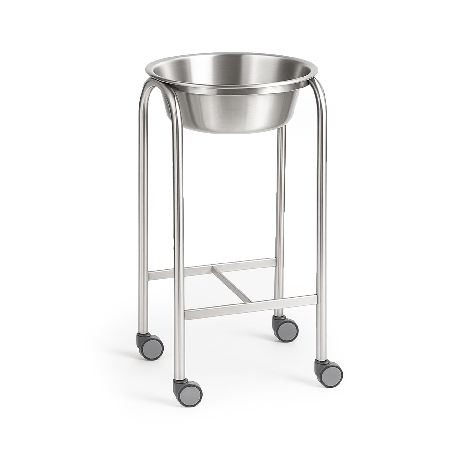 Alt text: MR Conditional Single Basin Solution Stand with H-Brace, featuring a sturdy ring stand and an 8.5-quart removable basin, designed for stability, durability, and ease of use in medical settings.