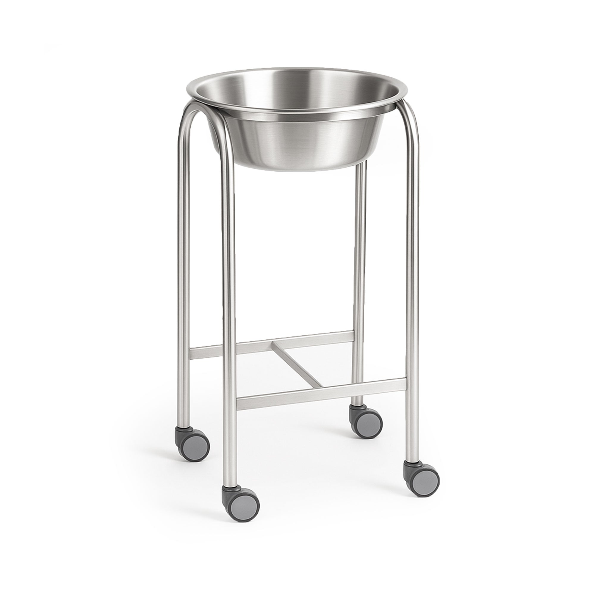 Alt text: MR Conditional Single Basin Solution Stand with H-Brace, featuring a sturdy ring stand and an 8.5-quart removable basin, designed for stability, durability, and ease of use in medical settings.