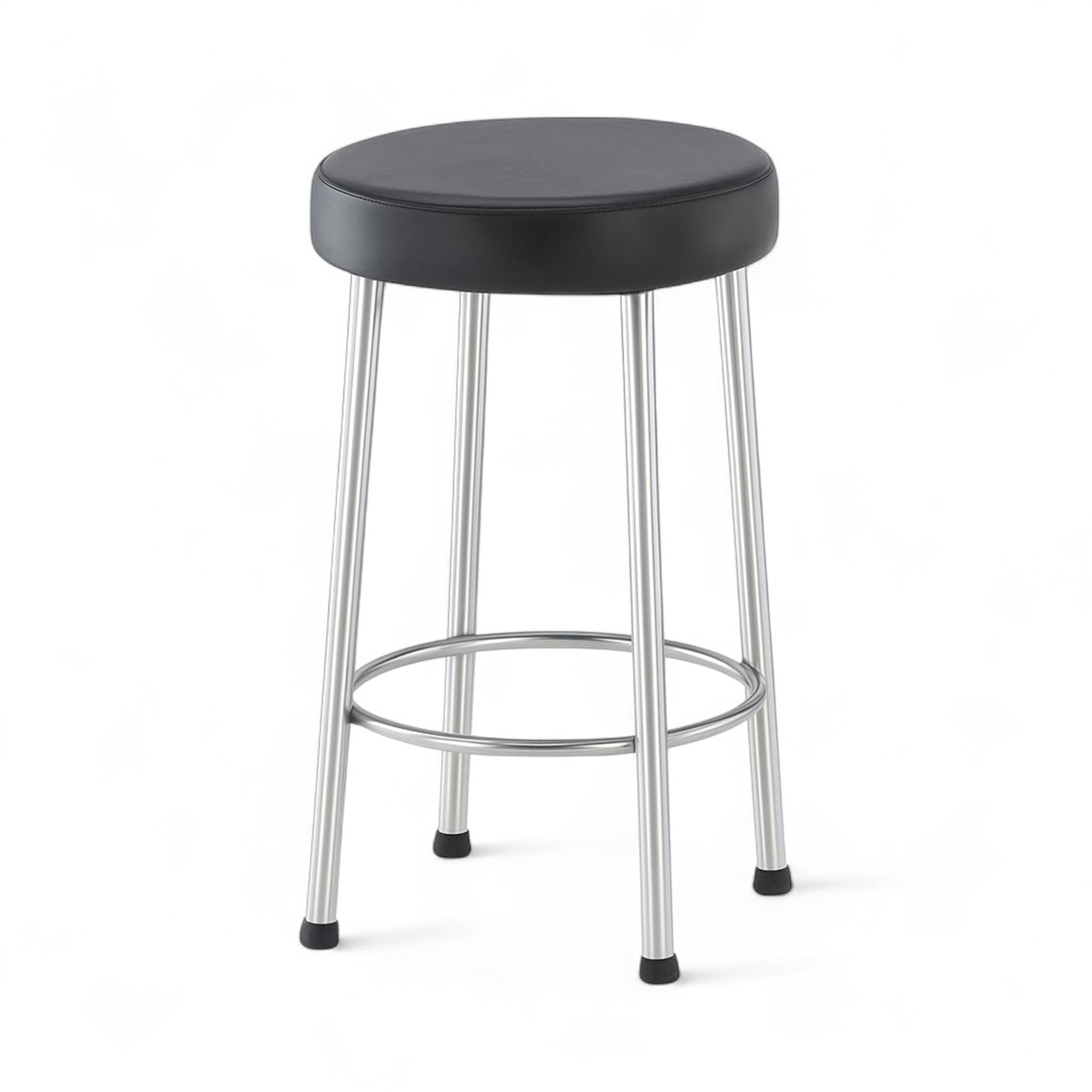 MR Conditional Stool, featuring a durable stainless steel frame, 15-inch diameter seat with 3-inch thick black vinyl-covered padding, and rubber feet tips for stationary use. Designed for comfort, stability, and safety in MRI environments.