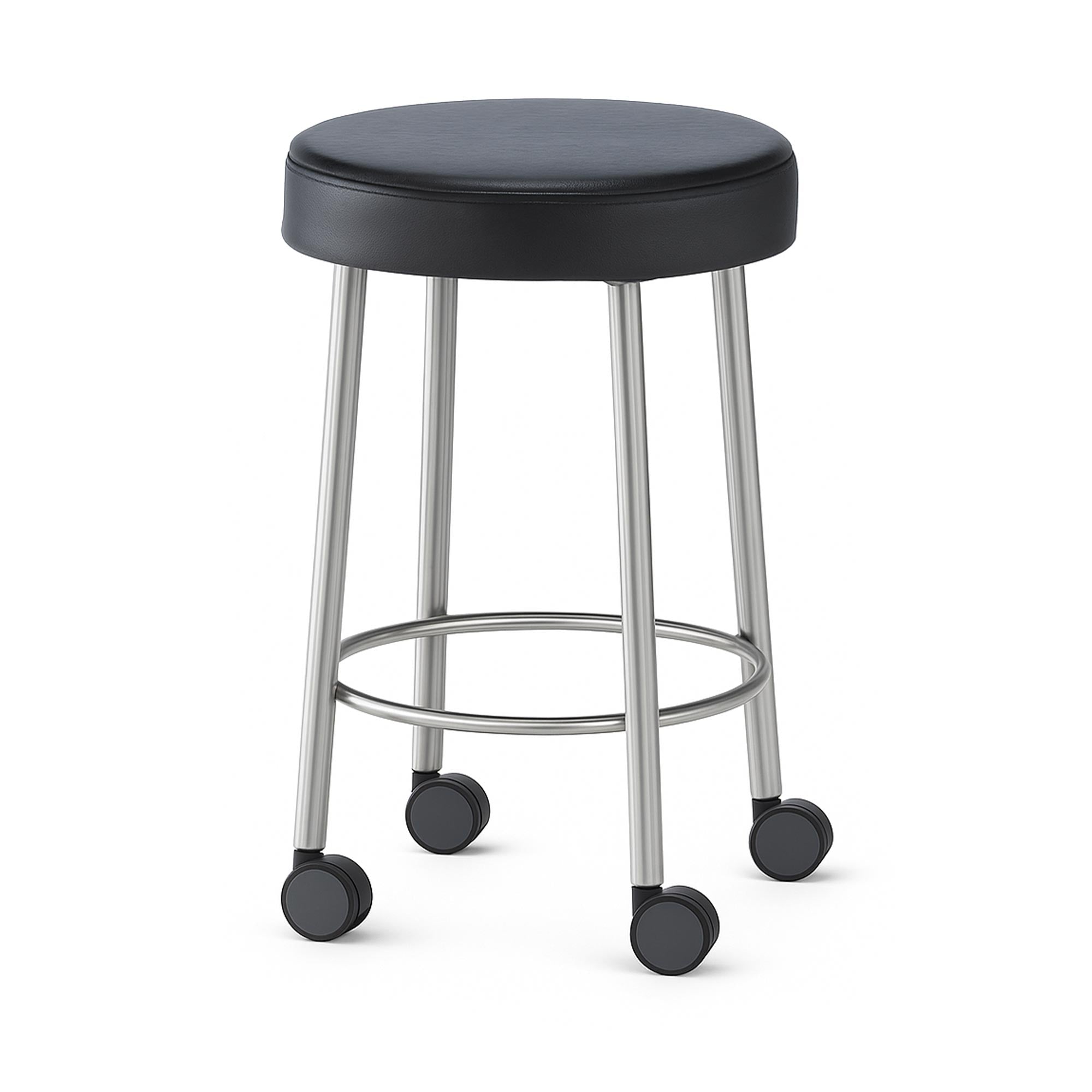 MR Conditional Stool with wheels, featuring durable stainless steel construction, 3-inch thick padded seat, and MR conditional casters for easy mobility in medical environments.