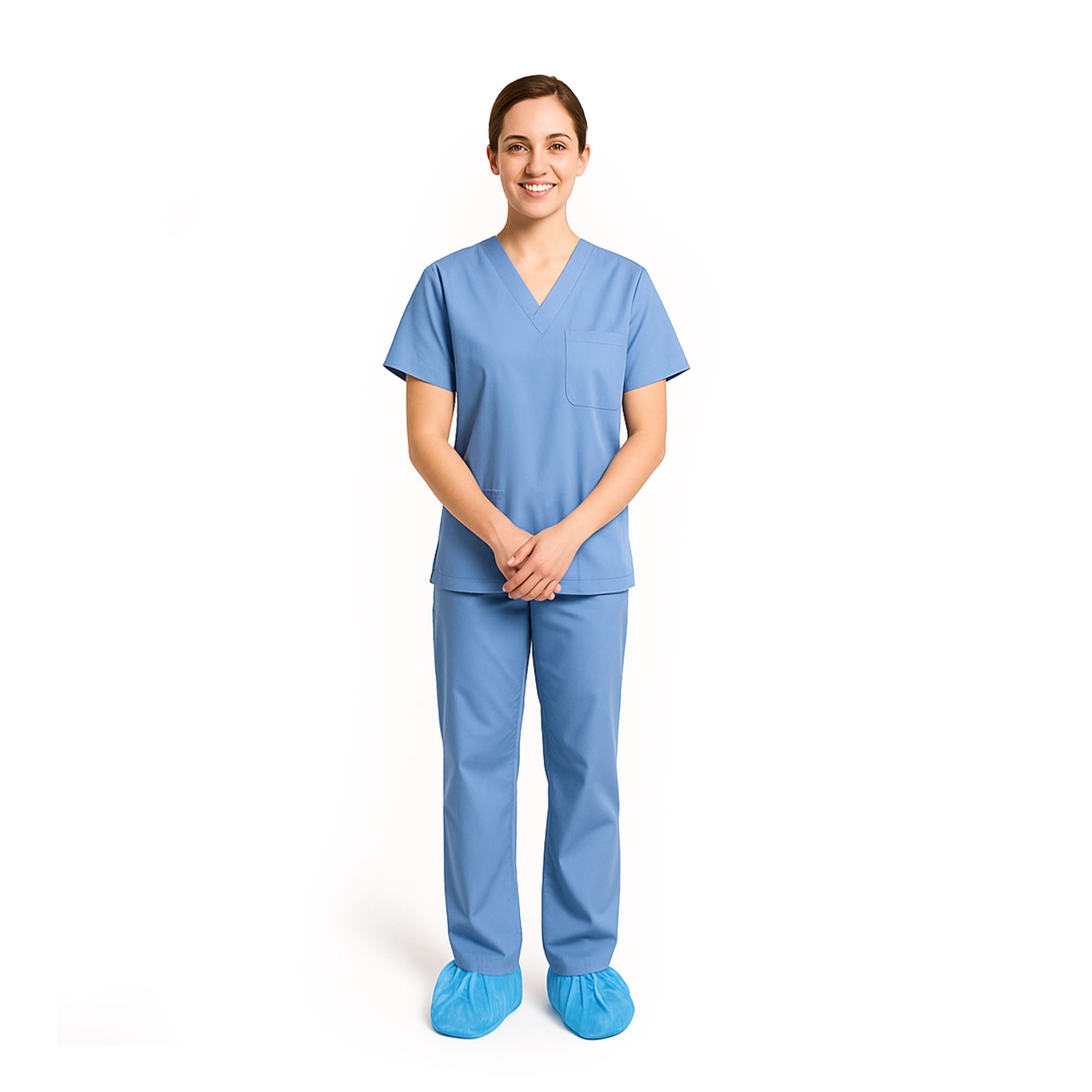 Nurse wearing disposable shoe covers in a clean medical environment for protection against contaminants.