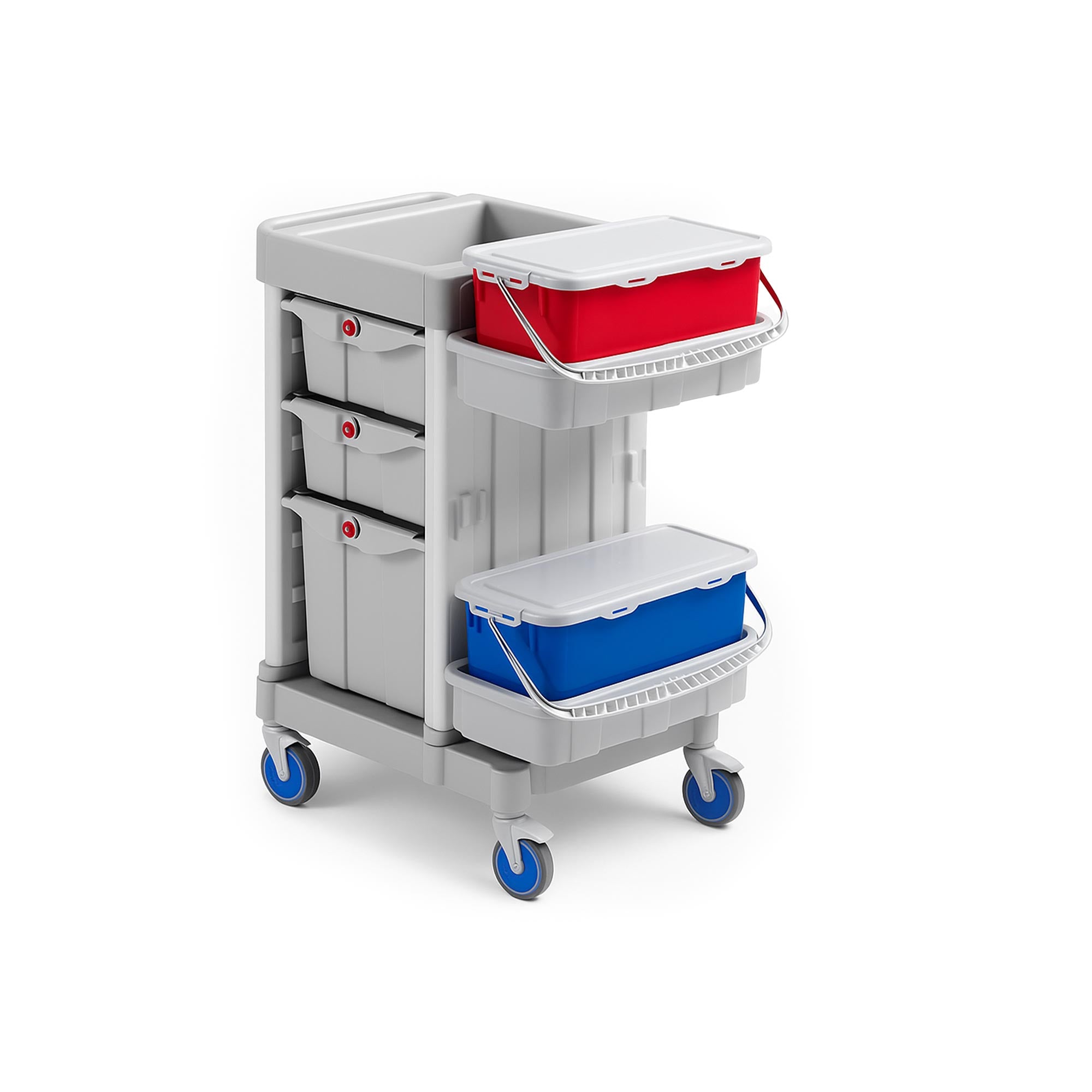 Non-magnetic MRI Cleaning Workstation with durable copolymer construction, secure storage drawers, removable components for easy cleaning, and shock-absorbing cart for smooth mobility in MR environments.